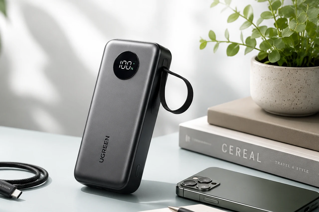 Power Bank 20,000mAh วางบนโต๊ะพร้อมมือถือและอุปกรณ์ใช้งานประจำวัน